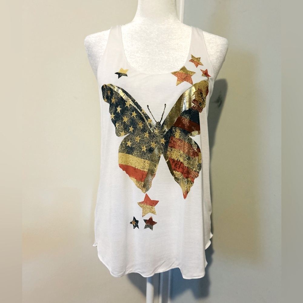 American Rag White Butterfly Flag Graphic Tank Top Relaxed Fit,Size Large